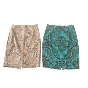 J.Crew Size 0 Pencil Skirt Lot of 2, Orange Paisley & Teal Abstract 98% Cotton